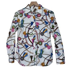 Talbots Equestrian Print Bit Bridle Ribbons Button Up Preppy Shirt Small